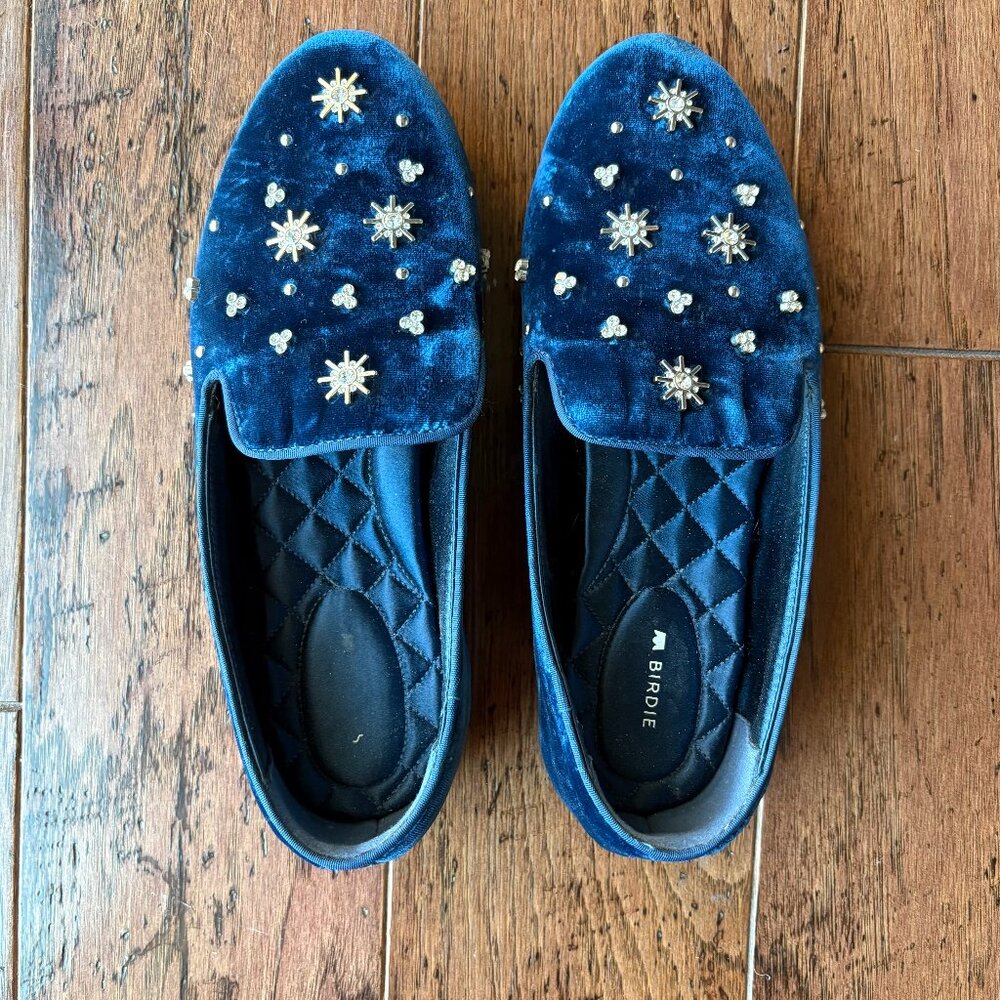 Birdies Embellished Velvet Loafers.  Size 7. Blue.